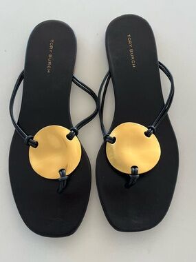 Tory Burch Patos Disk Leather Thong Flip Flops Flat Sandals Black & Gold Size 8